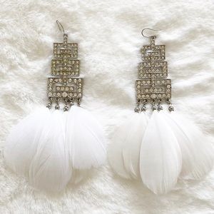 Silver Rhinestone Festive White Feathers Earrings.